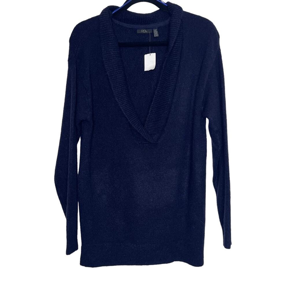 RDI Navy Blue Deep V Neck Tunic Sweater Oversized Knit Pullover XS NWT - Picture 2 of 7